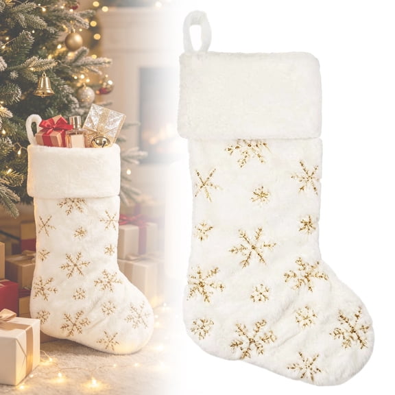 HonestMatter White Christmas Stocking, Plush Xmas Sock with Gold Embroidered Snowflake, Holiday Hanging Decor for Tree Mantel and Fireplace