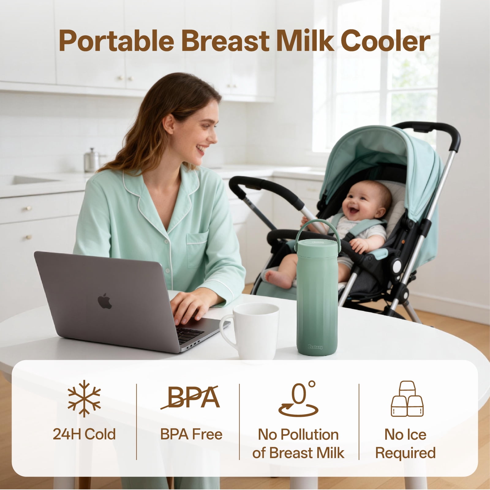 Dushany 22oz Portable Breast Milk Cooler Bag, 24H 360° Cooling Travel Chiller with 2 Storage Bottles for Breast Milk, Green