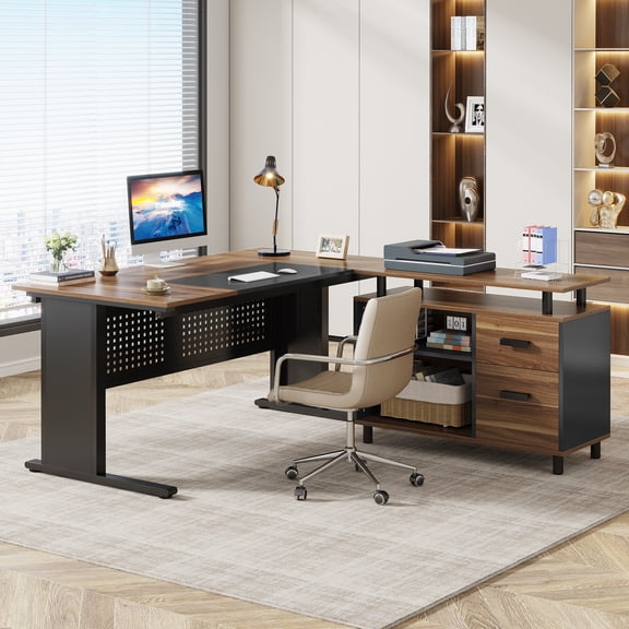 Tribesigns 63 Inch Executive Desk with File Cabinet, L Shaped Computer Desk with Drawers and Storage Shelves, Large Office Desk Business Furniture Desk Workstation for Home Office, Brown and Black