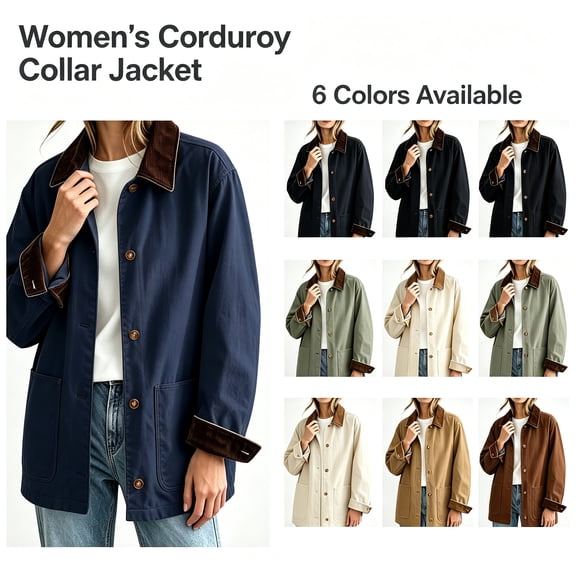 Smsaxvxz Women's Corduroy Collar Jacket Oversized Navy Utility Chore Casual Fall Outerwear with Pockets