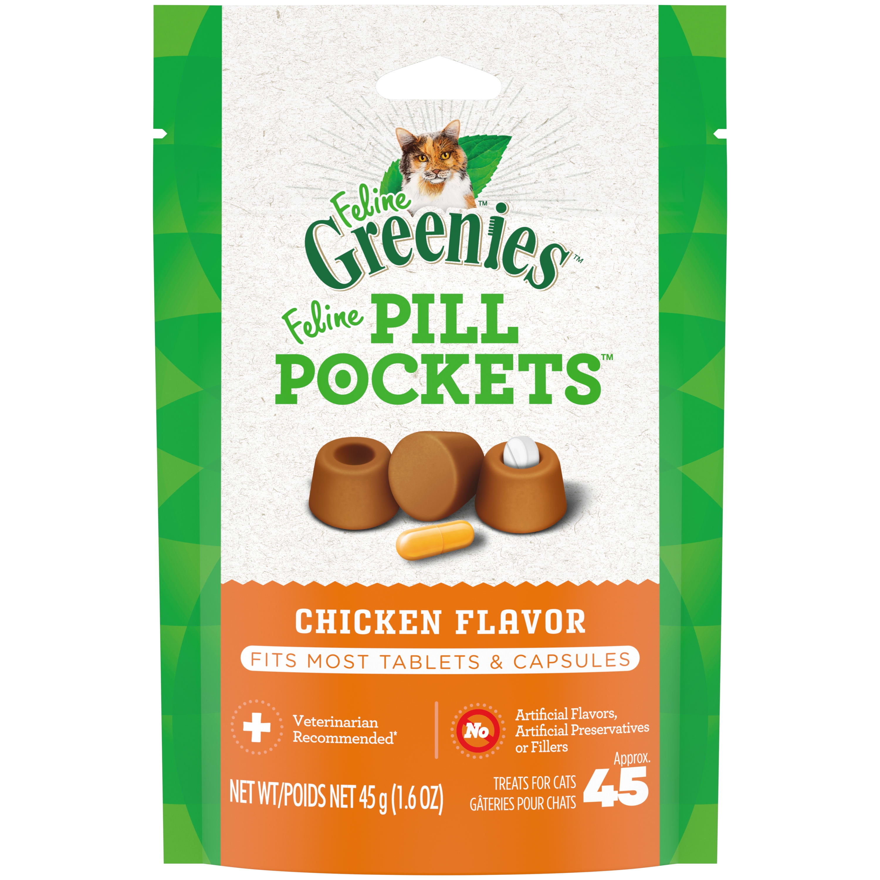 FELINE GREENIES PILL POCKETS for Cats Natural Soft Cat Treats, Chicken Flavor, 1.6 oz. Pack (45 Treats)