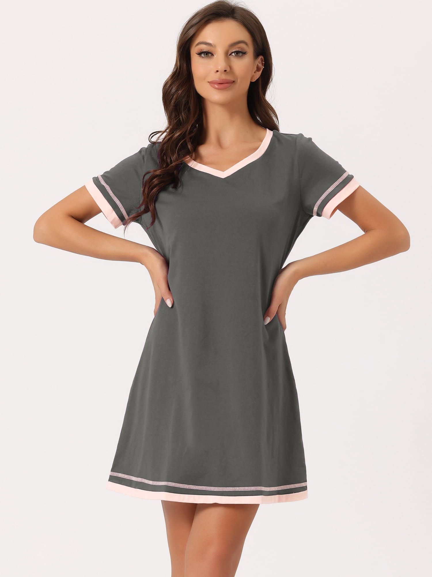 DARING DIVA Women's Short Sleeve V Neck Contrast Color Nightgown Sleepdress S Grey