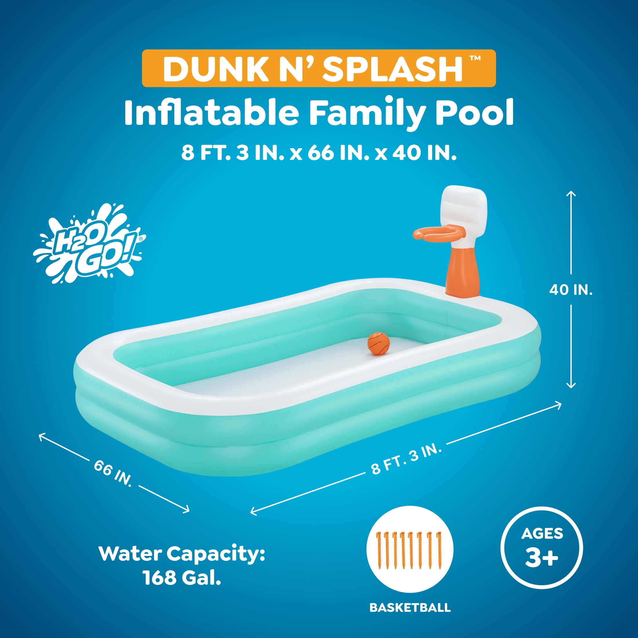 H2OGO! Inflatable Family Pool, Dunk'n Splash 8'3" x 66" x 40" Pool with Basketball Game