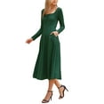 thumbnail image 4 of INSPIRE CHIC Square Neck Dress for Women Long Sleeve A-Line High Waist Knitted Dresses with Pocket XS Dark Green, 4 of 6