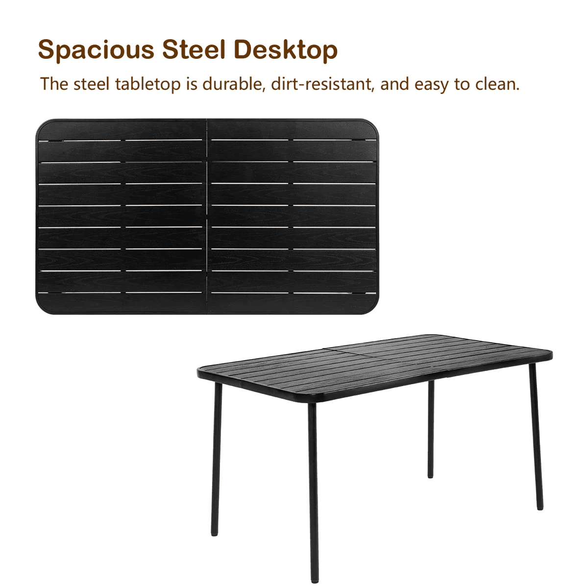 Seizeen Outdoor Dining Set for 6, Plastic Wood Patio Furniture Set with Steel Frame, Space-saving Dining Table and Chairs Stockable Design, All-weather Porch Garden Yard Conversation Furniture, Black