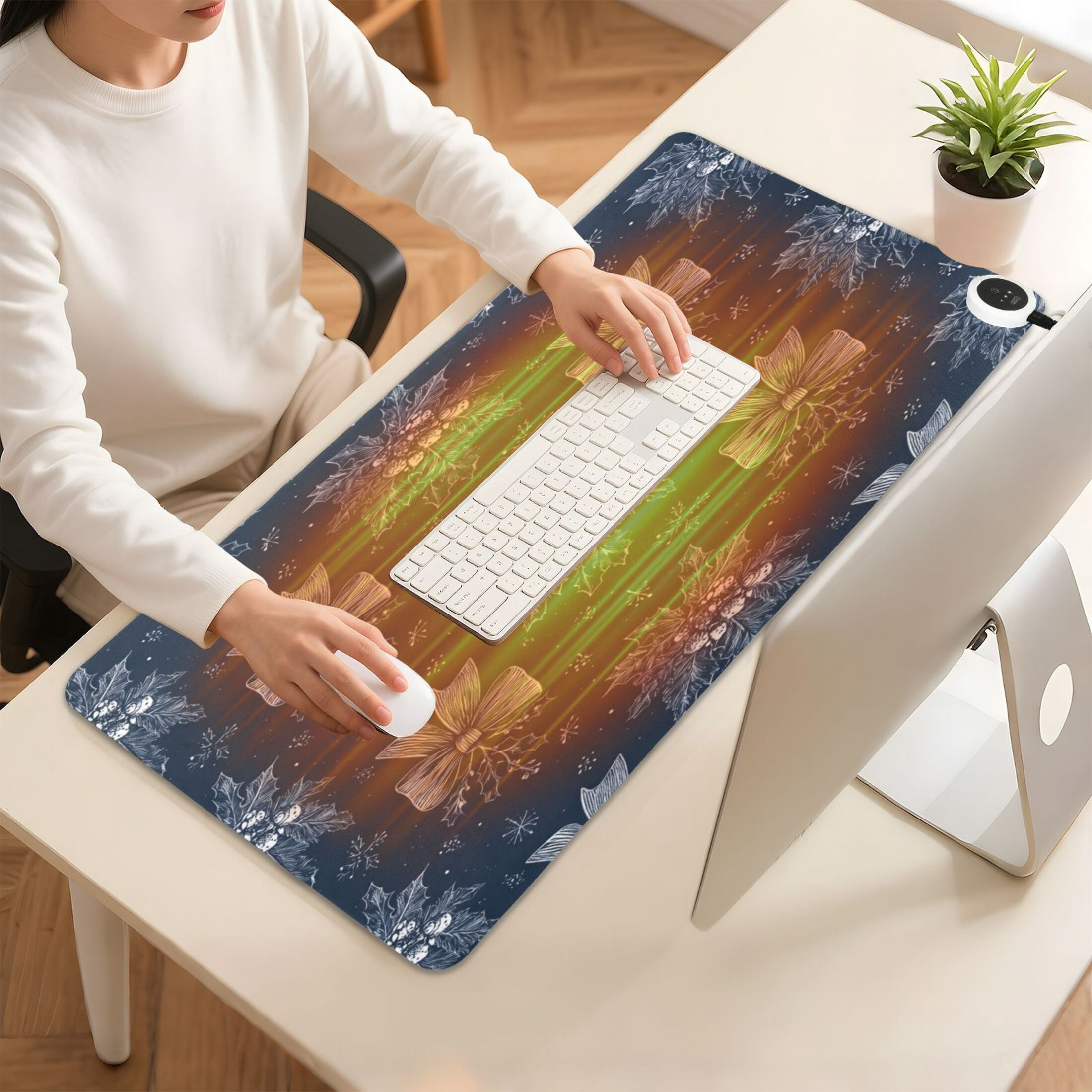 Large Heated Desk Mat Mouse Pad 31.5"x13"PU Leather Graphene Heating Desk Warmer with 3 Temperature Settings 110V US Plug Non-Slip Warm Pad for Home, Office, and Gaming Silver Christmas Bows Pattern