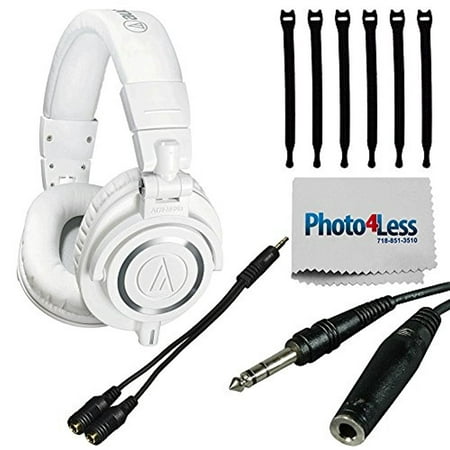 Audio-Technica ATH-M50x Professional Monitor Headphones, White + Axis Headphone Splitter + 1/4 inch TRS Headphone Extension Cable + Strapeez + Photo4Less Cleaning Cloth - Top Value Headphone (Best Value Dj Headphones)