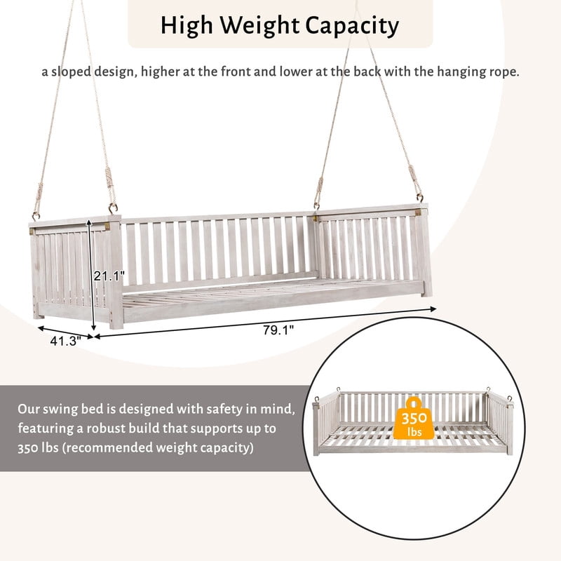 Patio Twin Size Garden Swing Bed, Wooden Porch Swing Frame with Ropes, Outdoor Hanging Swing for Garden, Backyard, Patio, Safe Sloped Design