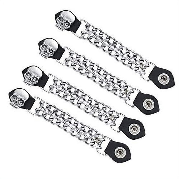 4 pc 6 1/2 Inch Motorcycle Vest Extenders Biker Skull 4 Inch Chain Chrome (BLACK)