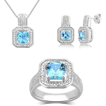 Round White Diamond Accent and Blue Topaz Silver-Tone Ring, Earrings and Pendant Set, 18