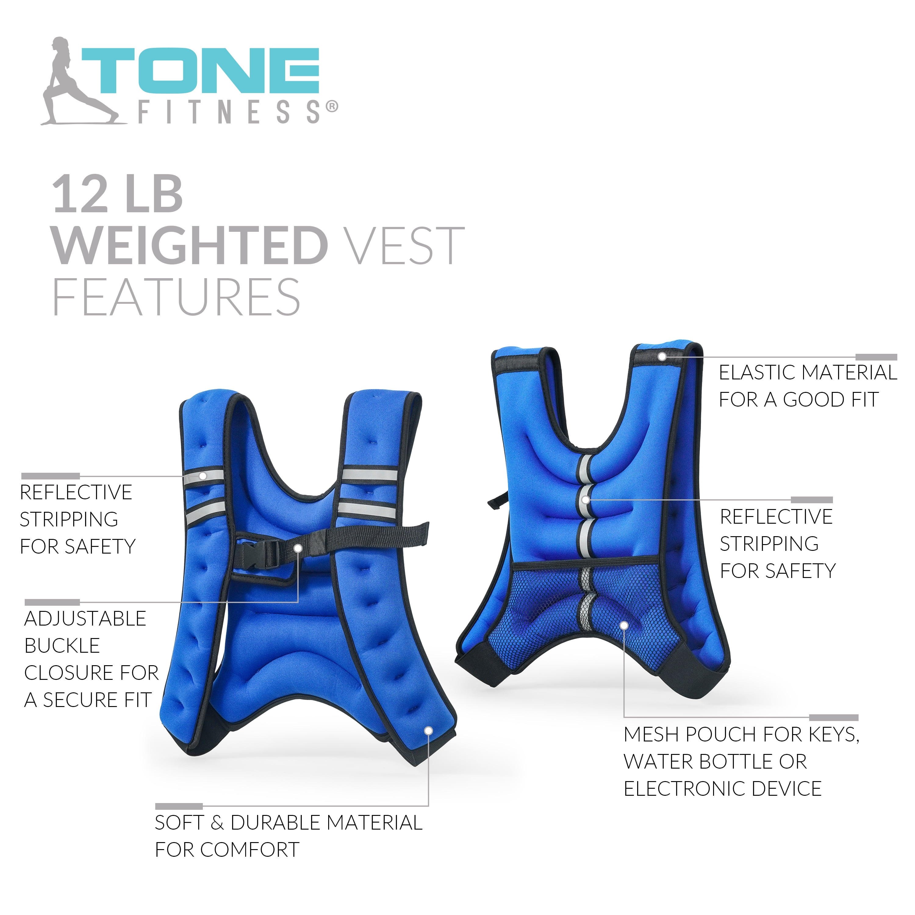 TONE Fitness Neoprene Weighted Vest, 12 Pounds, Blue