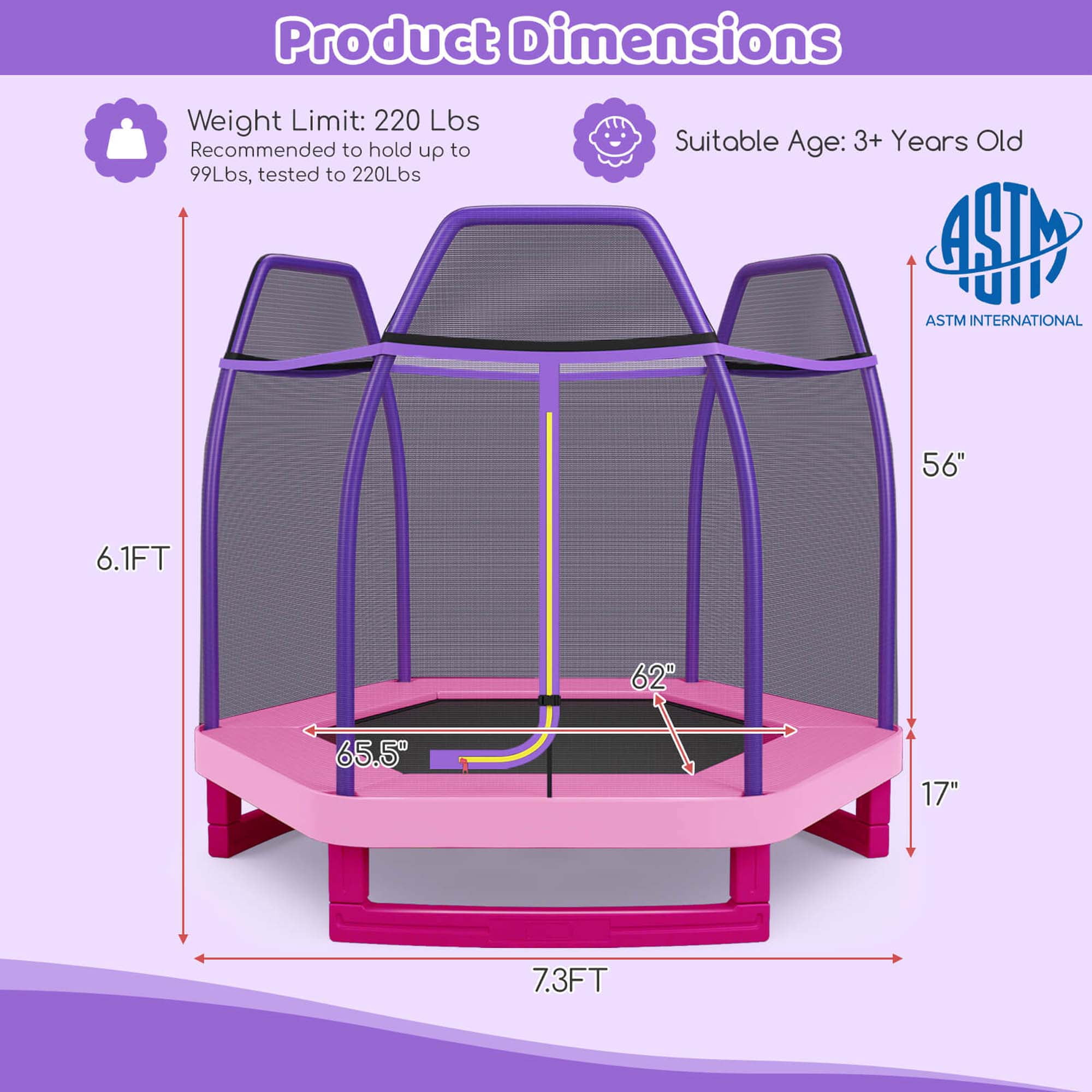 Costway 7 FT Kids Trampoline with Safety Enclosure Net Spring Pad & Jumping Mat for Kids Pink