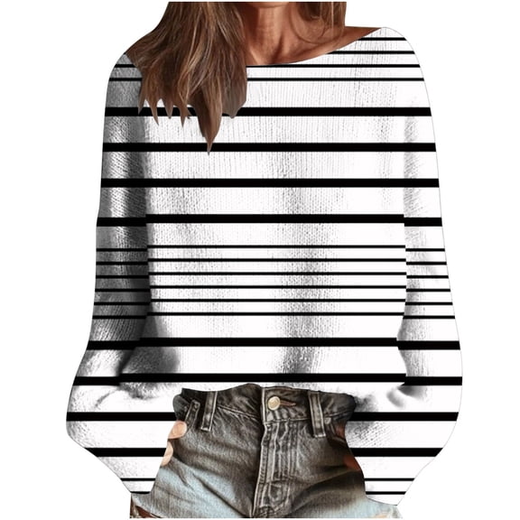 Ltctricy Sweaters for Women Long Sleeve Boat Neck Striped Chunky Knit Pullover Sweater Tops Casual Loose Jumpers(White,X-Large)