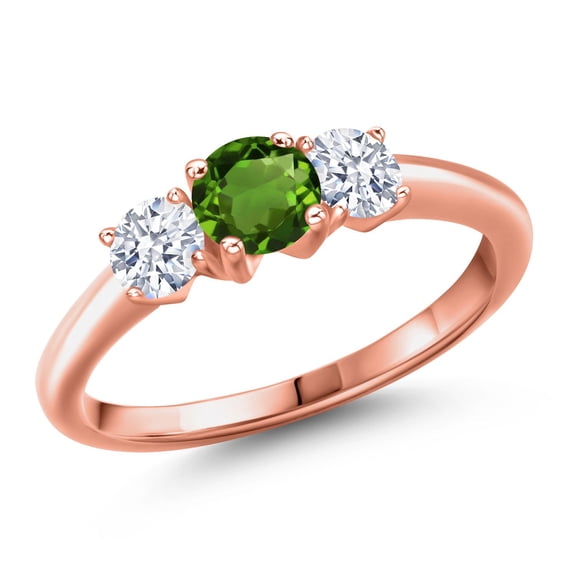 Gem Stone King 18K Rose Gold Plated Silver Green Chrome Diopside and White Zirconia Engagement Ring for Women | 1.00 Cttw | Round 5MM | Gemstone Birthstone | Size 6