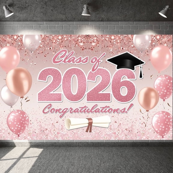 Pink Glitter Graduation Banner Class of 2026 Display Graduation Cap Diploma Graduation Backdrop for Graduation Ceremony High School Grad College Graduation