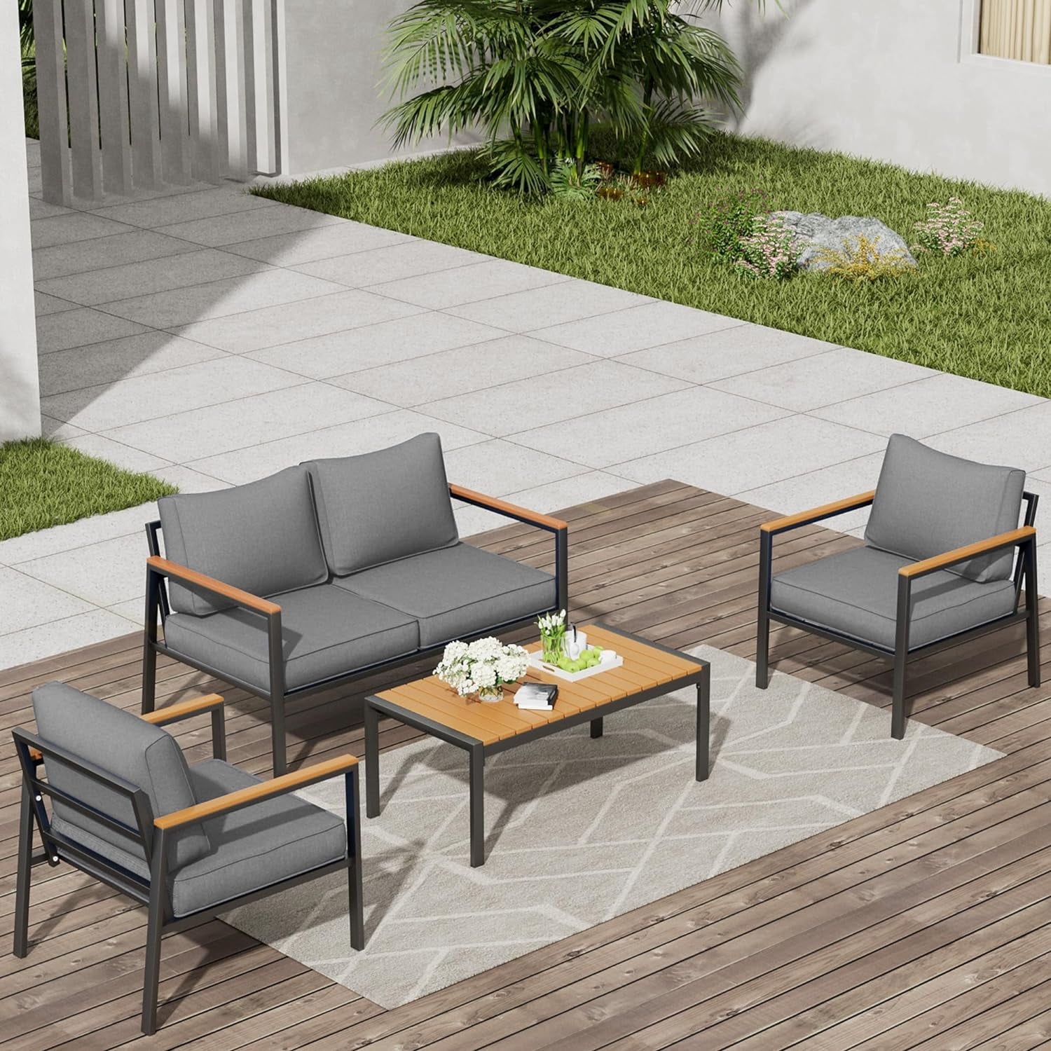 Aluminum Patio Furniture Set 4 Pieces Patio Conversation Set Outdoor Sectional Sofa with Thicken Cushion and Plastic-Wood Coffee Table, Patio Sets Fits Garden Backyard Balcony (Grey)