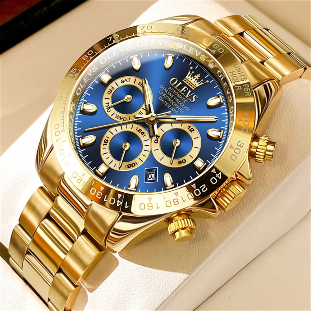 OLEVS Automatic Watches for Men Self Winding Chronograph Mechanical Luxury Dress Stainless Steel Calendar Date Waterproof Luminous Mens Wrist Watches Gift Reloj Para Hombre Gold/Black/Blue/Green Dial
