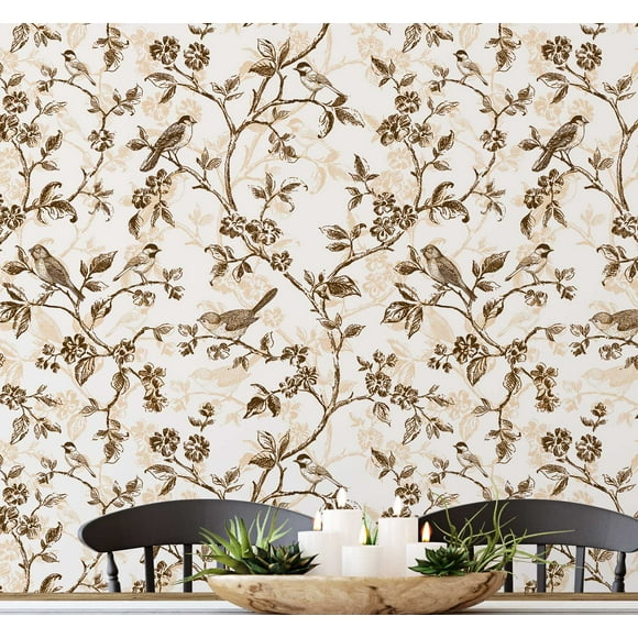 S4sassy Self Adhesive Wallpaper, Vintage Bird & Blossom Wallpaper, Brown Removable DIY Vinyl Wall Covering, Textured Peel and Stick Contact Paper for Entryway accent Wall, Easy Home Decor (25"x360")