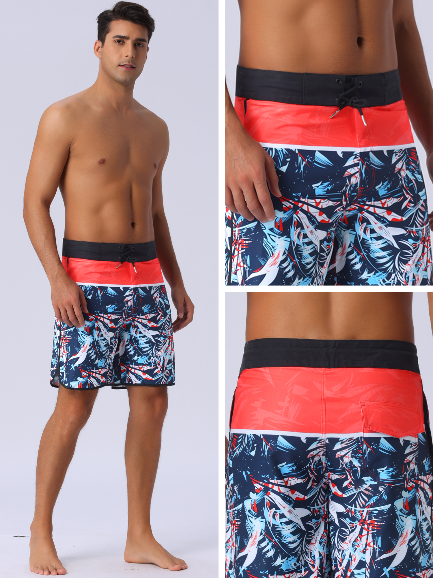 DARING DIVA Men's Elastic Waist Drawstring Hawaiian Print Athletic Swim Trunks 30 Black Red
