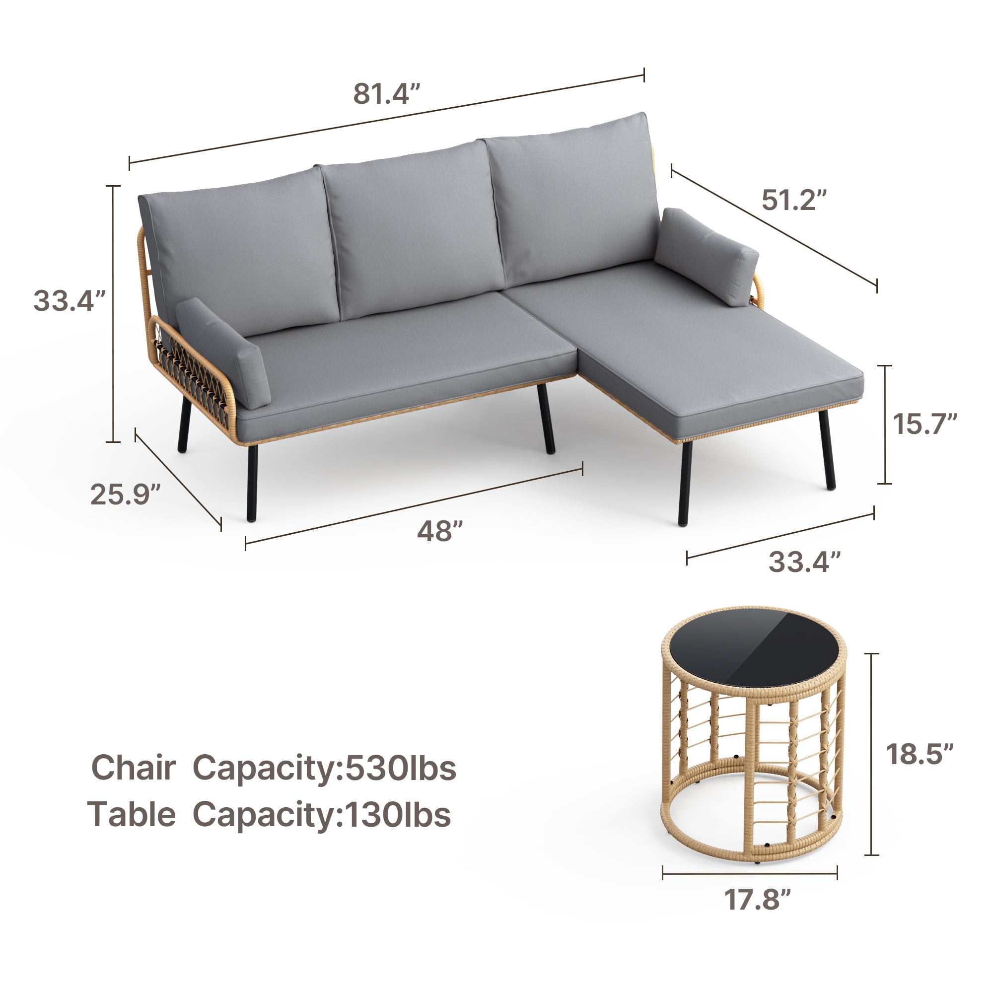 3-Piece Outdoor L-Shaped PE Wicker Conversation Set, All-Weather Waterproof Patio Furniture with Thick Cushions & Tempered Glass Coffee Table- Grey