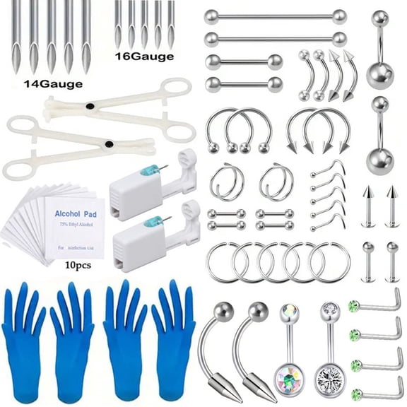 70pcs Stainless Steel Piercing Kit 14G 16G Belly Button Septum Lip Tongue Nipple Ear Piercing Set Perfect Valentine's Day Gift
