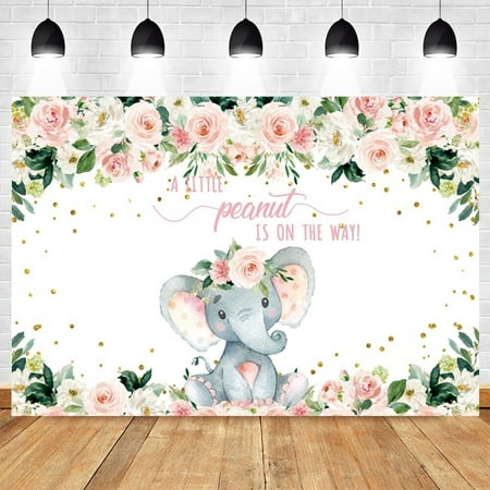 Image of Elephant Baby Shower Backdrop Gender Reveal Cute Elephant Floral Photo Booth Elephant Birthday for Girl Photography Background
