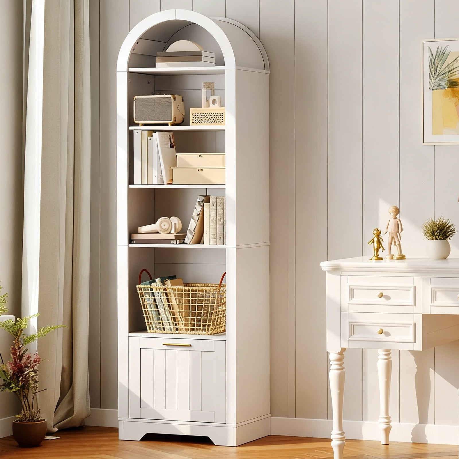 HOOBRO 6-Tier Arched Bookcase with File Drawer & Adjustable Shelves, White