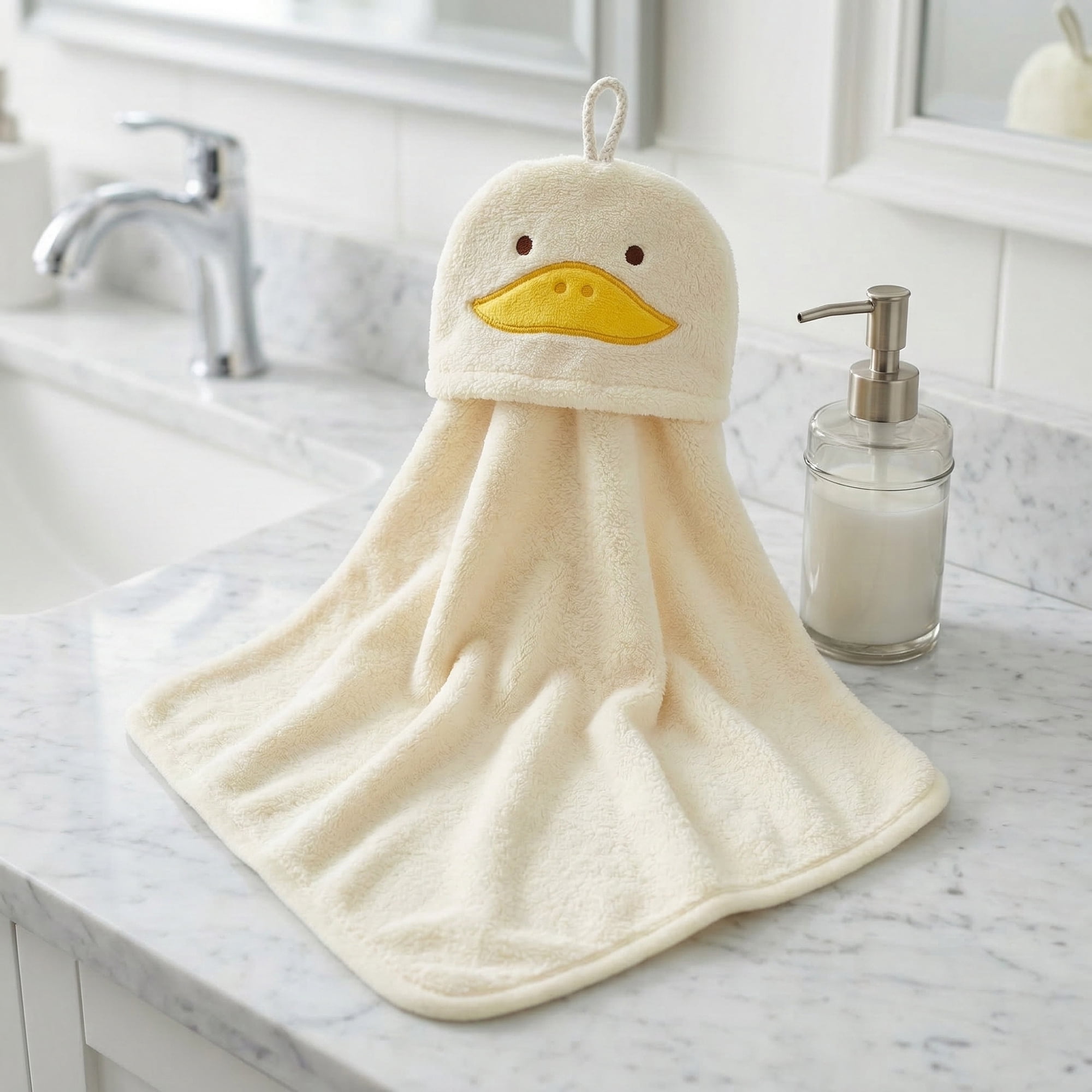 Unique Bargains Animal Hanging Soft Absorbent Hand Towel Yellow Duck 15" x 8"