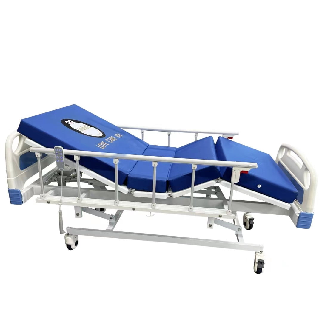 doudouX Fully Assembled 3 Function Full Electric Hospital Beds with Aluminum Rails, W 38" * L80, 3.92" Foam Mattress and IV Pole, Individual Locking System with 5" casters