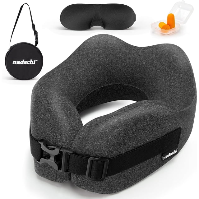 Neck Pillow Airplane Travel Set - Pure Memory Foam Travel Neck Pillow, Plane Pillow for Long Flights Essentials, Sleeping with 3D Contoured Eye Mask, Earplugs, Portable Bag (Darkgrey)