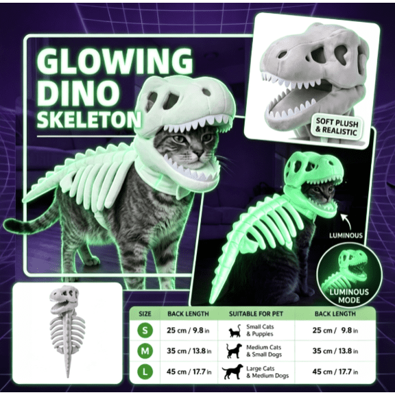 Dinosaur Skeleton Glow in Dark Cat Costume, Plush Halloween Pet Hood Outfit, Lightweight Glowing Dino Skeleton Cape for Kitten Halloween Cosplay