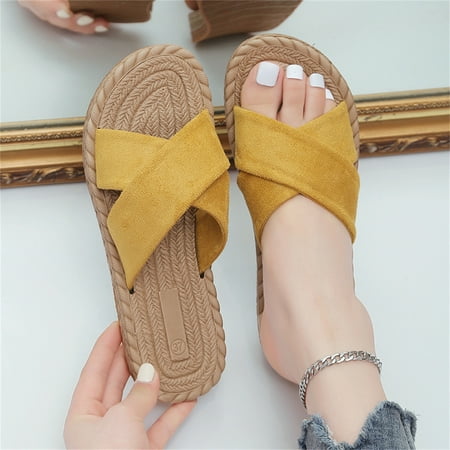 

Cathalem Ladies Fashion Solid Color Suede Strap Straw Woven Bottom Flat Open Toe Slippers Slippers for Women Wedding Yellow 7