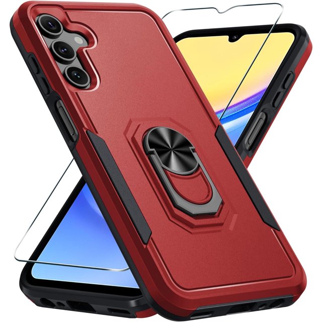 KOMI Compatible with Samsung Galaxy A15 5G Case with Screen Protector+Camera Lens Protector,Heavy Duty Full Body Phone Cover Built in Metal Ring Holder Kickstand,2024 Red