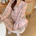 thumbnail image 4 of Pijama informal de manga larga para mujer, ropa de dormir, pantalón a cuadros, ropa de dormir con botones, conjunto de 2 piezas, traje de noche con bolsillo, 4 of 4