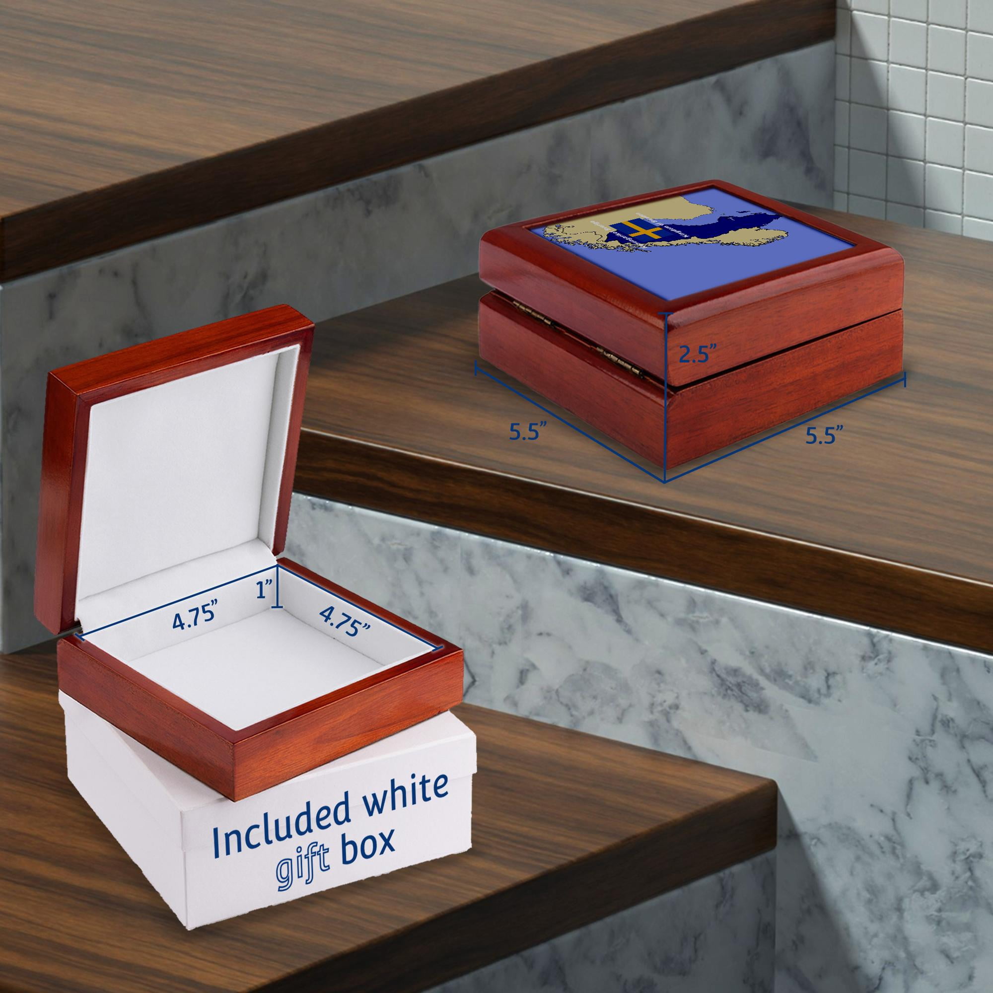 3dRose, Map and Flag of Sweden with the Kingdom of Sweden printed in both English and Swedish, Jewelry Box 5.5x5.5 inch with 4 inch tile
