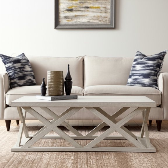 HomeRoots 603247 48 in. Off White Solid Wood Distressed Geo Frame Coffee Table