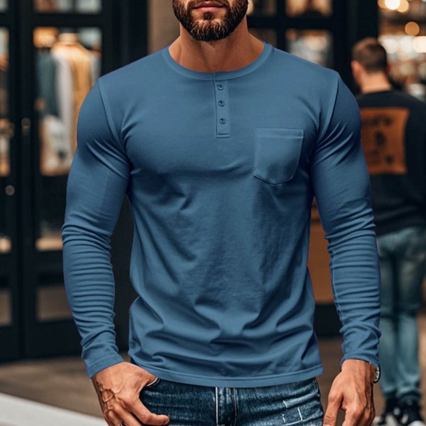 pstuiky Camisas casuales de manga larga para hombre, Camisas casuales de color liso con botones y bolsillos para hombre, de manga larga y cuello redondo salir tops l