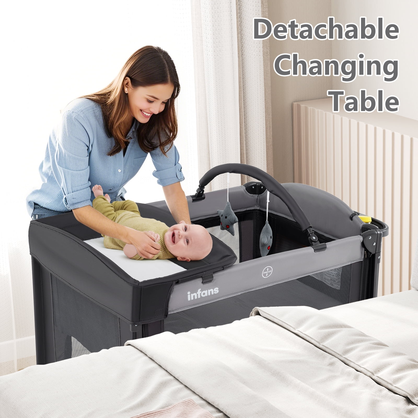 INFANS Baby Bassinet, 4 in 1 Pack and Play Baby Playard with Changing Table, Mosquito Net, Storage Basket, Travel Bag, Toy Bar for Newborn 0-36 Months