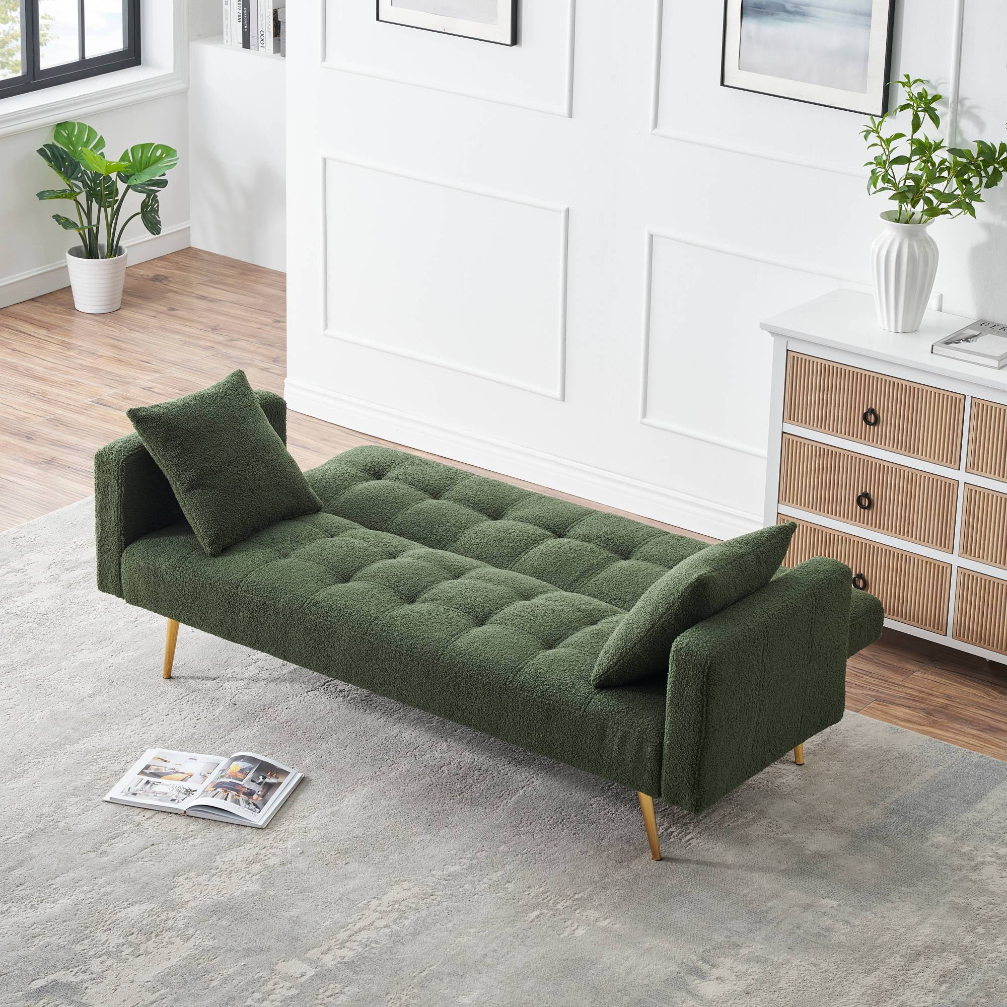 71" W Teddy Convertible Futon Sofa Bed,Modern Upholstered Loveseat Sofa Couch for Living Room,Small Space,Green