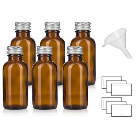 1 Oz Amber Gl Boston Round Bottles With Silver Metal On 1 Oz Amber Gl Boston Round Bottles With Silver Metal On Caps Funnel And Labels 6