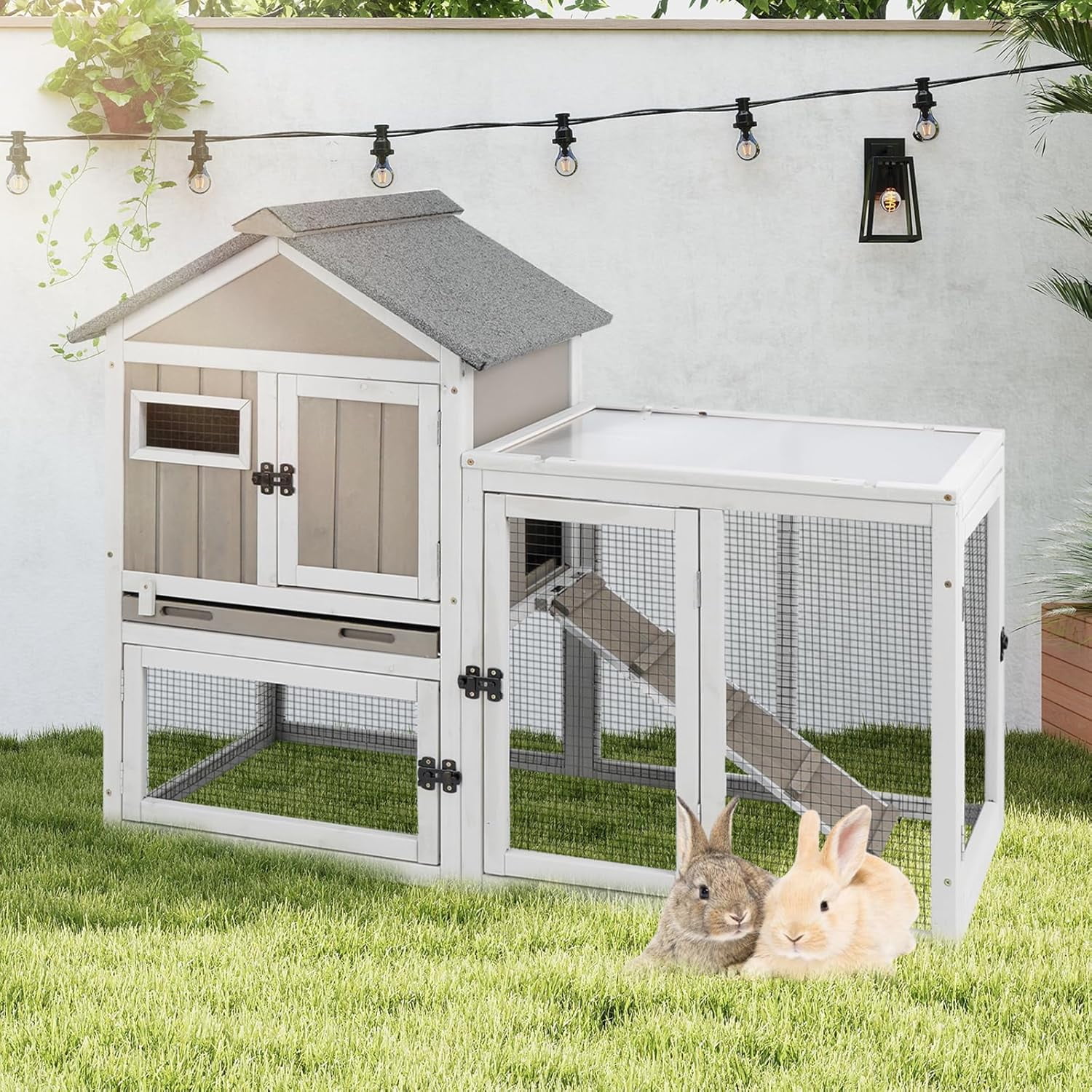 Gowoodhut Rabbit Hutch Indoor 2-Story Bunny Cage Outdoor with Run for Small Animals, Gray