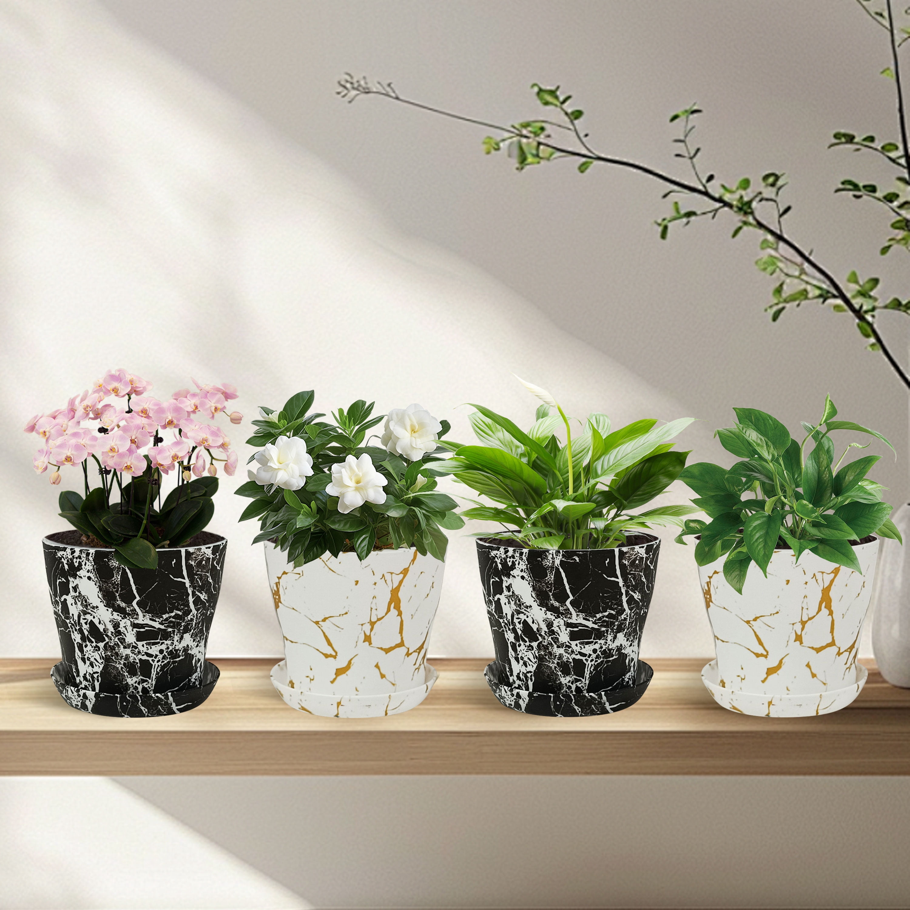 Set of 4 Plastic Printed Planters with Drainage Holes and Saucers,Diam 4.7Inch Home Decor Flower Pots for Indoor Planter - Plastic Planters Pot for Indoor Plants, Cactus, Succulents