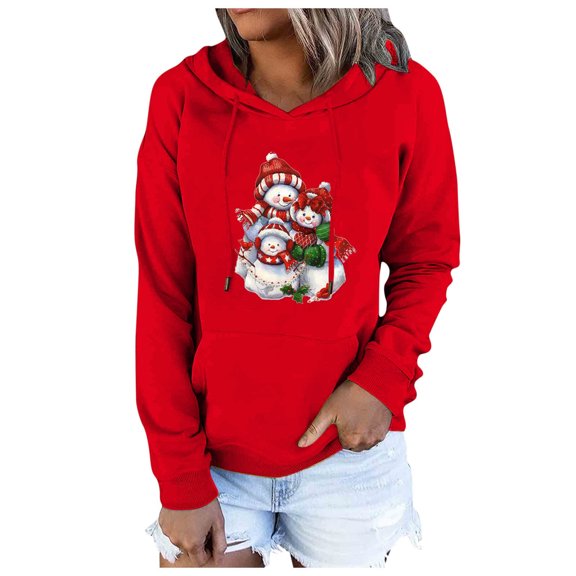 IROINNID Women's Long Sleeve Hoodie Mid-Length Print Stylish Fall Winter Festival Crop Workout Sweatshirt Tops Pullover, Red