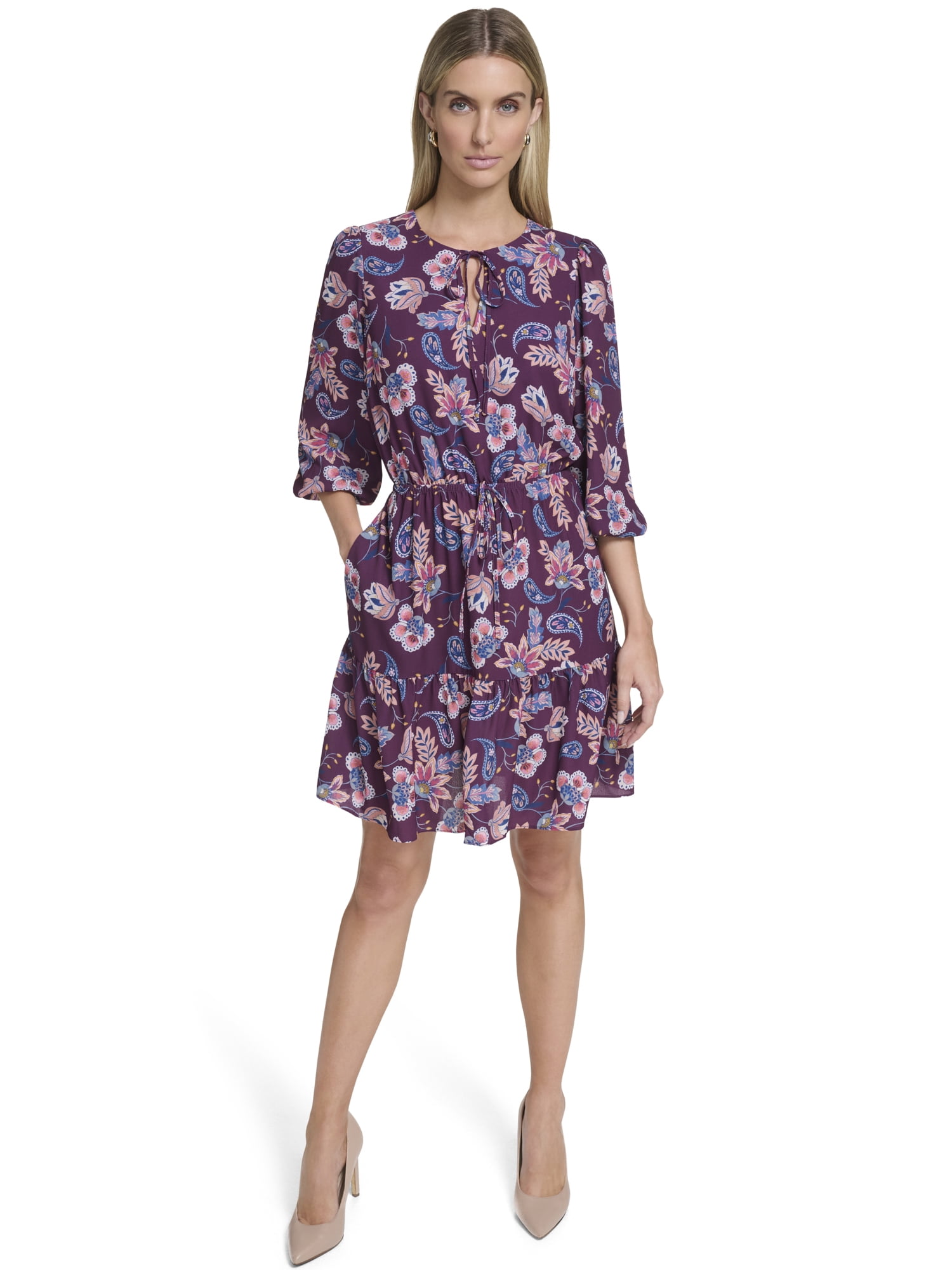 Falling Flowers Women's Blouson Tiered Dress, Sizes XS-XL