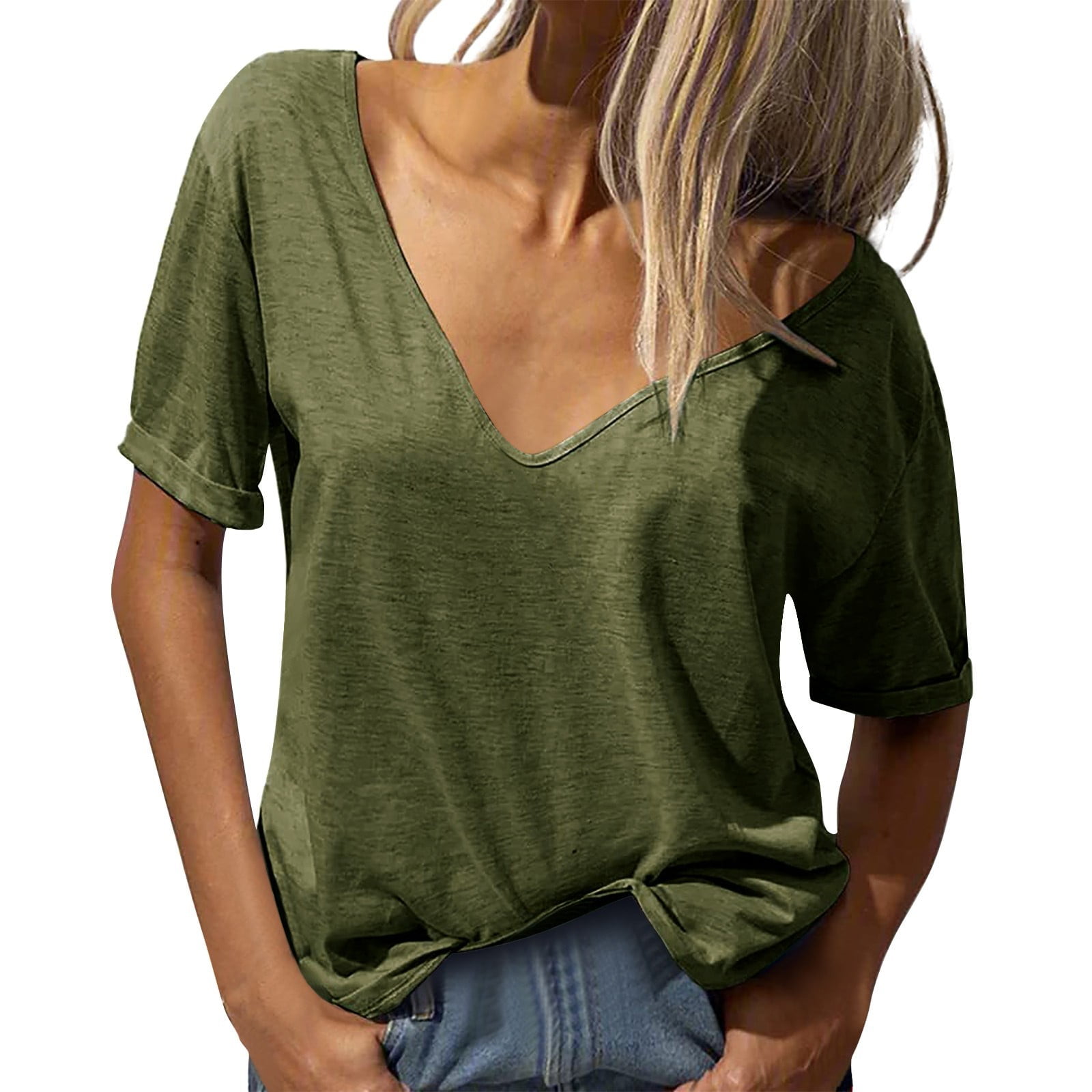 SHIXIAOO Mode Femme Col en V Profond Manches Courtes Haut Couleur