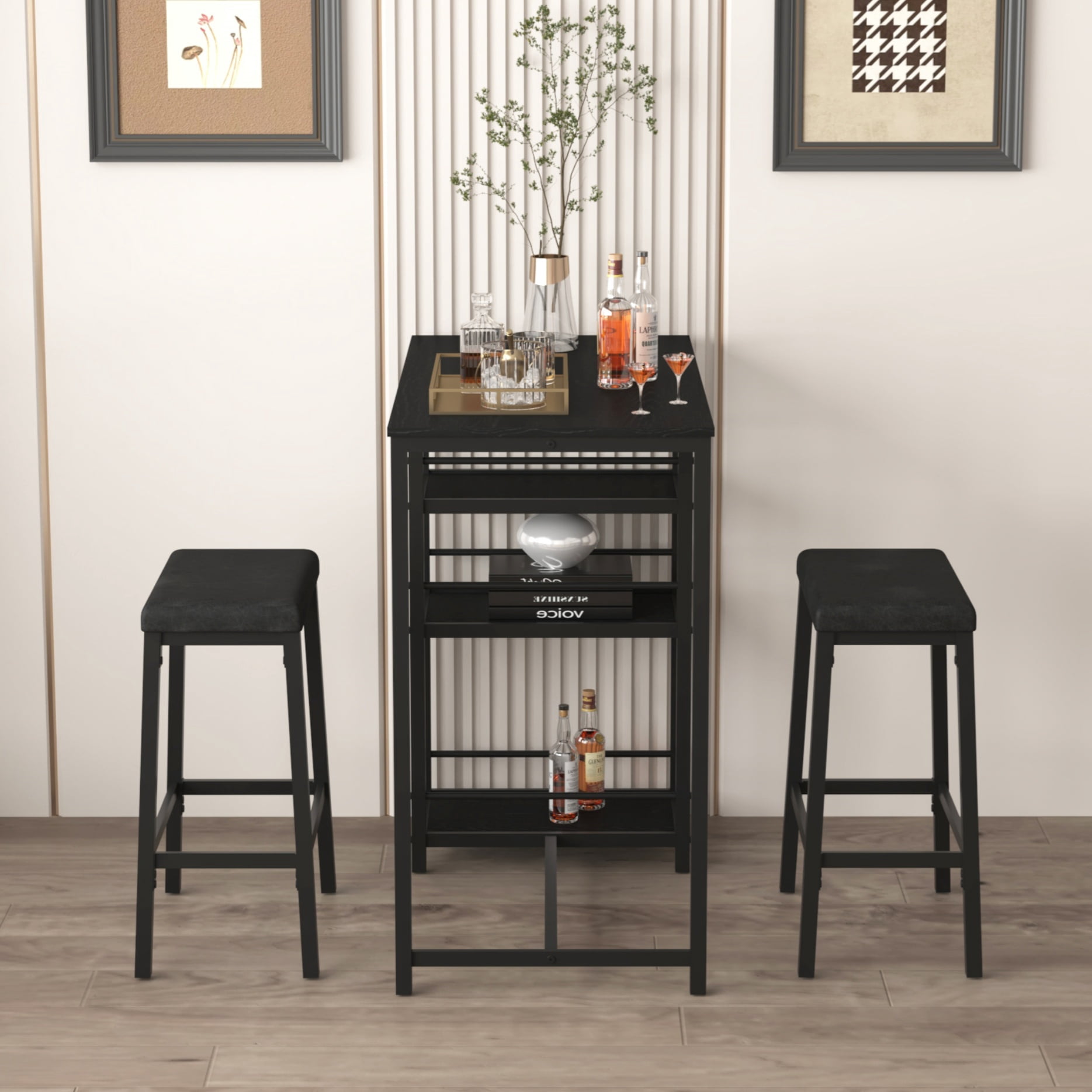 Aukfa Dining Table Set for 2, Kitchen Bar Table Set with Upholstered Stools for Small Space, Black