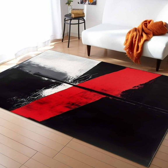 Area Rugs Indoor Non-Slip Rectangle Rug 5x7 Ft Dark Style Red Black Abstract Geometric Modern Rug Rubber Backing Floor Mats Non Shedding Home Decor Carpet for Entryway Living Room