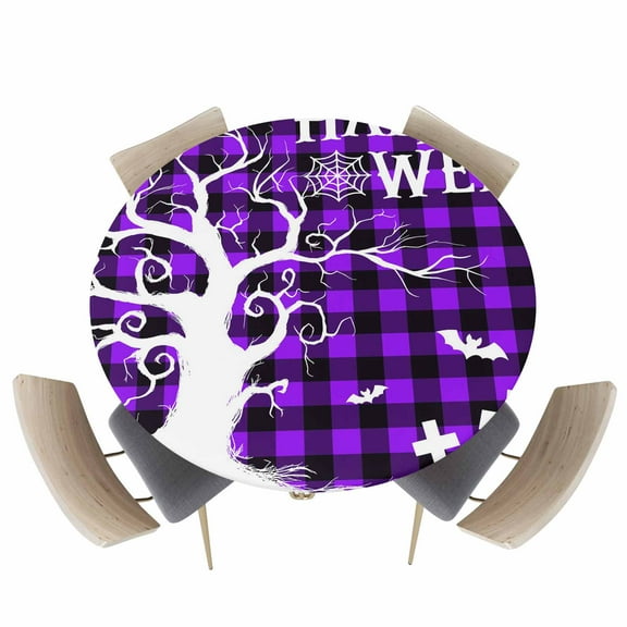 Round Fitted Tablecloths with Elastic Edge Halloween Bare Tree Tombstone Pumpkin Oil-Proof Waterproof Wipeable Table Cover for Kitchen Dining Party Decor Purple Black Buffalo Table Clothes,36" - 44"