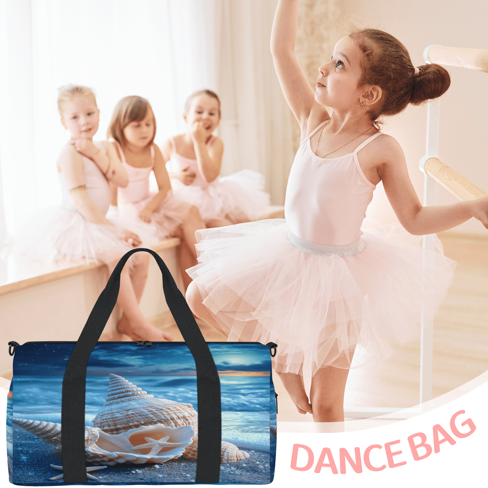 Herdesigns Nautical Coastal Gym Bag for Women, Starfish Seashell Coral Beach Duffle Bag for Travel Sport, Lightweight Waterproof Carry on Weekender Overnight Dance Yoga Workout Bags