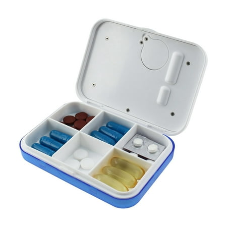 M Buder Portable Mini Pill Box 6 Compartments Electronic Reminder Timer 12/24H Alarm Clock Moisture-Proof Compact Travel Medication Organizer, Blue (3.94 inches / 10 cm)